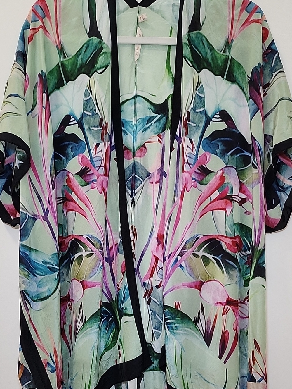Soft Surroundings Emerald Isle silk topper tropical-themed open-front kimono S/M - Picture 12 of 16